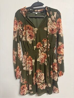 Floral Smocked Waist V-Neck Long Sleeve Top - Olive